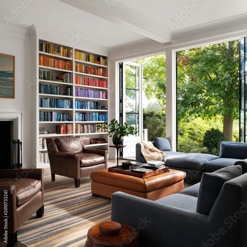 Bright Living Room With Bookshelves and View of Green Trees in the Daytime