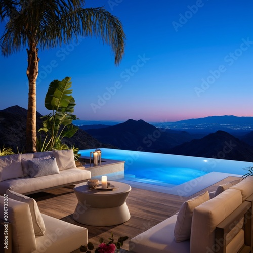 Relaxing Evening at a Private Poolside Lounge With a Candle Near the Ocean