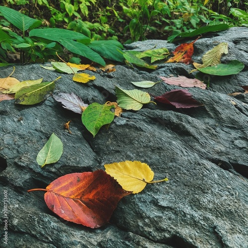 Colorful Leaves Scattered on a Rock During Autumn in a Forest Area Near a Trail