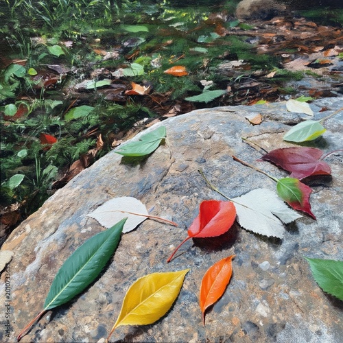 Colorful Leaves on a Rock Near a Green Area in a Forest During Autumn
