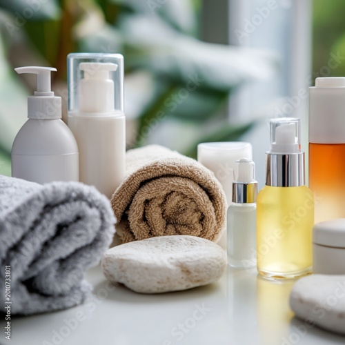 Wellness Products Displayed on a Table With Towels and Stones in a Bright Room