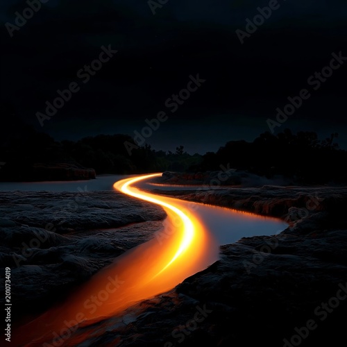 Light Flows Through the Dark Landscape at Night Near the Rivers Edge