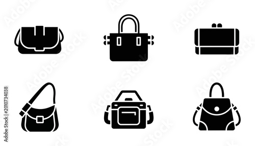 Photos 6 Handbag silhouette icons purse clutch tote shoulder bag, solid black style, fa
