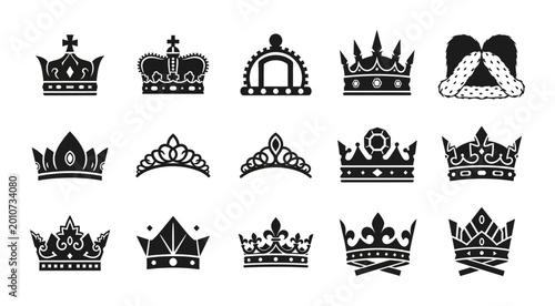 Photos 15 Royal Crown silhouette icons tiara diadem headwear, solid black style, monarc