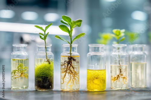 Green seedlings growing in glass laboratory jars with liquid nutrients. Biotechnology research, botany science and agricultural innovation concept on blurred lab background