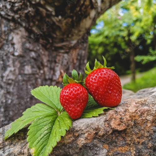 Strawberries Grow on Rock Near Tree in Garden on Sunny Day