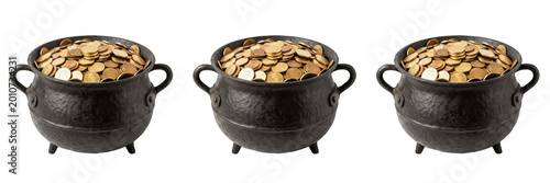 Witches Cauldron Pot Filled Gold Coins Transparent PNG St Patrick Treasure Container Fantasy Prop