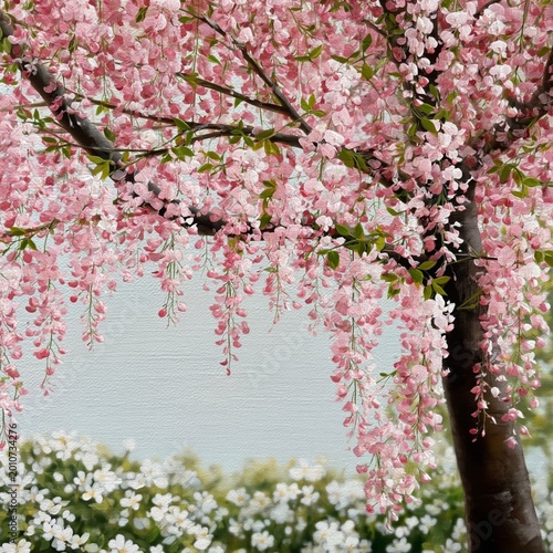 Cherry Blossoms Hang From a Tree in Spring With Flowers Blooming Below on a S...