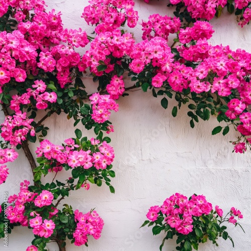 Bright Pink Flowers Bloom Along the Wall in a Sunny Garden During Springtime ...