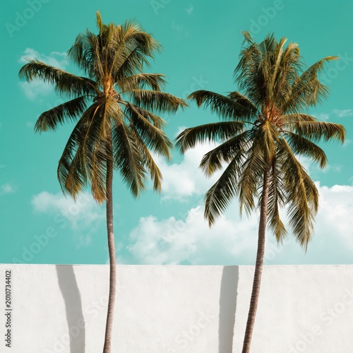 Palm Trees Stand Against a Bright Sky With Clouds in a Tropical Setting Durin...