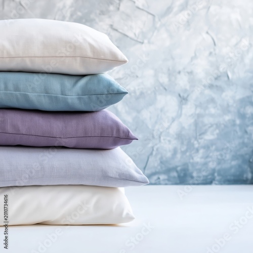 Soft Pillows Stacked on a Table With a Green Plant in the Background on a Bri...