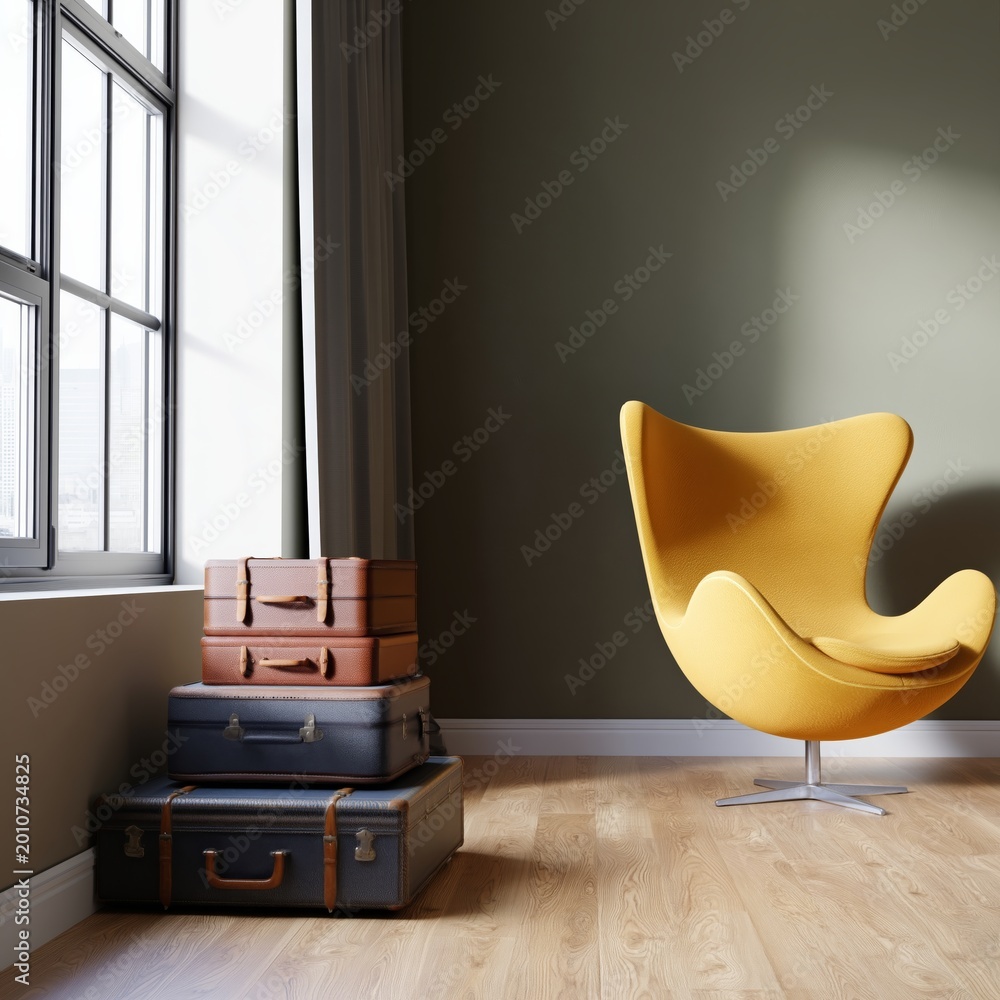 Fototapeta premium Yellow Chair Stands Beside Stacked Luggage in a Bright Room With Large Windows During the Daytime