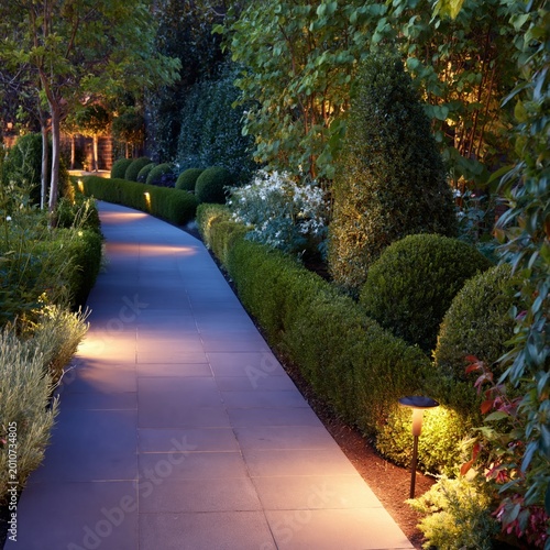 Walkway Lined With Plants and Lights in a Garden During Dusk Hours