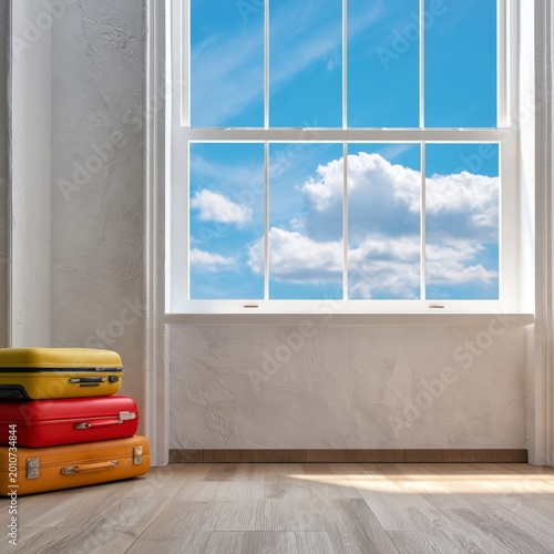 Luggage Stacked Near a Window Overlooking Mountains and a Lake During Daytime