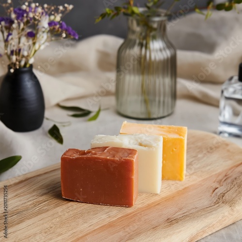 Handcrafted Soap on Wooden Board With Flowers and Glass Bottles on Table