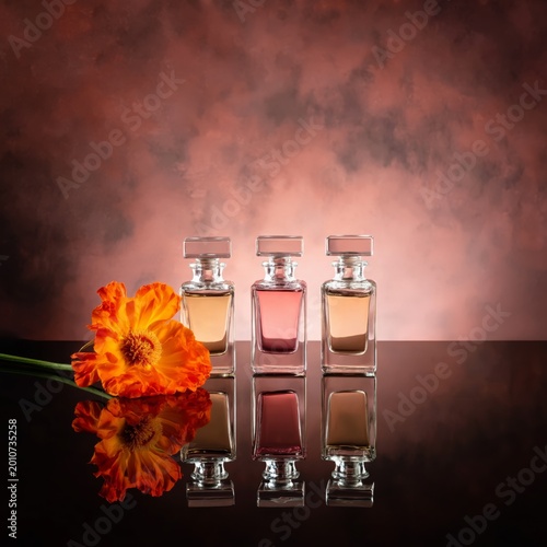 Glass Perfume Bottles and a Flower on a Reflective Surface With a Colorful Ba...