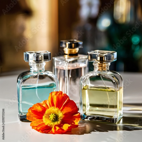 Three Perfume Bottles With a Flower on a Table in a Bright Space