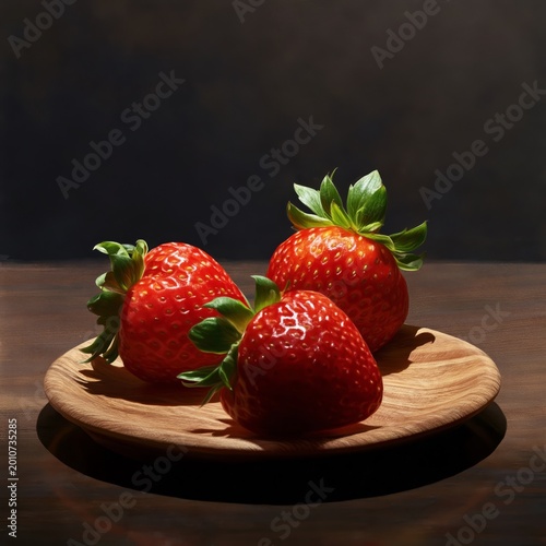 Fresh Strawberries Arranged on a Wooden Plate on a Dark Table in a Kitchen Se...