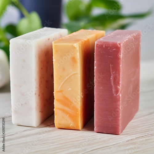 Different Types of Soap Displayed on a Wooden Surface With Plants in the Back...