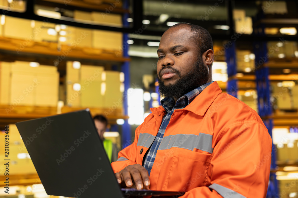 Fototapeta premium Black man verifying shipping details on laptop in fulfillment center facility. Technology tracking integrates with workflow planning to optimize parcel transportation and freight distribution.