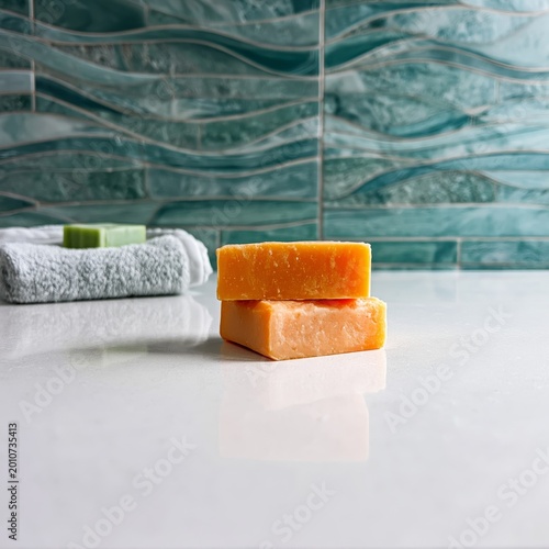 Two Bars of Handmade Soap Placed on a White Countertop With a Green Towel in ...