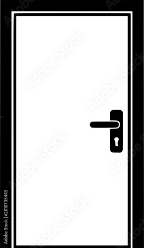 Flat illustration of a closed door with a black frame and handle isolated on white background
