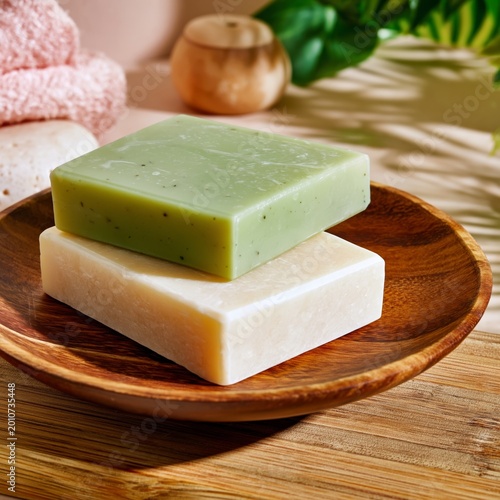 Natural Soap Sits on a Wooden Dish Ready for Use in a Spa Setting With Plants...