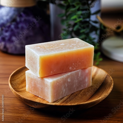 Natural Soap Sits on a Wooden Dish Ready for Use in a Spa Setting With Plants...