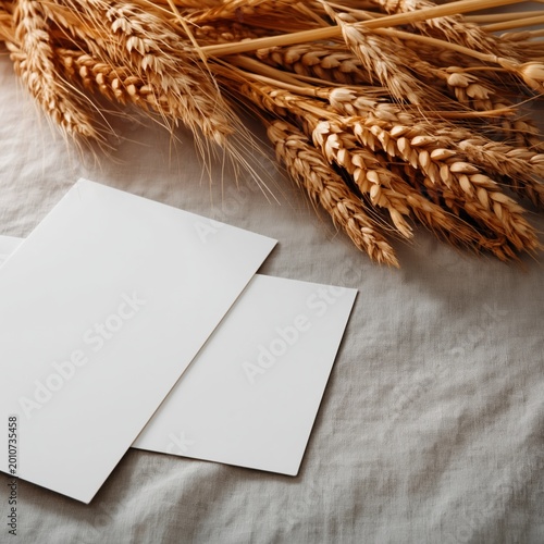 Wheat Stalks Placed Beside Blank Cards on a Neutral Fabric Surface