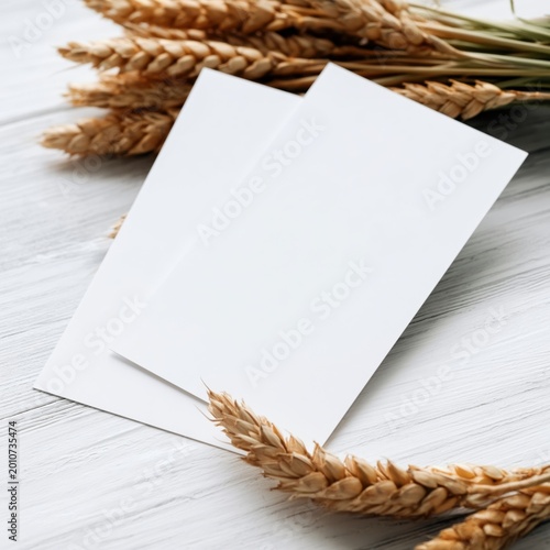 Blank Cards Placed on a Wooden Table Next to Wheat Stalks During the Day