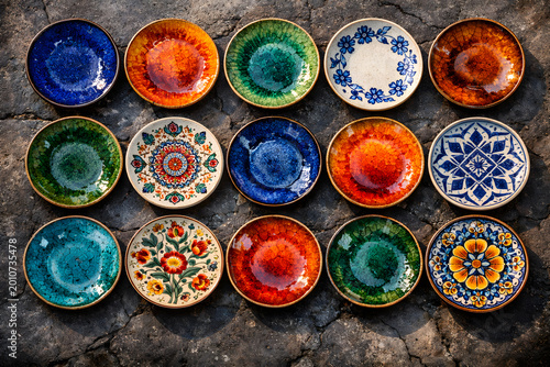 Collection of vibrant handcrafted ceramic bowls on a textured stone surface