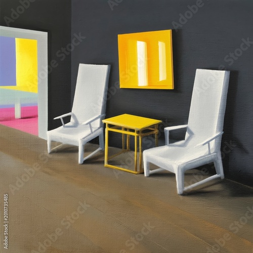 Bright Chairs and Table in Modern Room Setting With Colorful Accents and Simp...