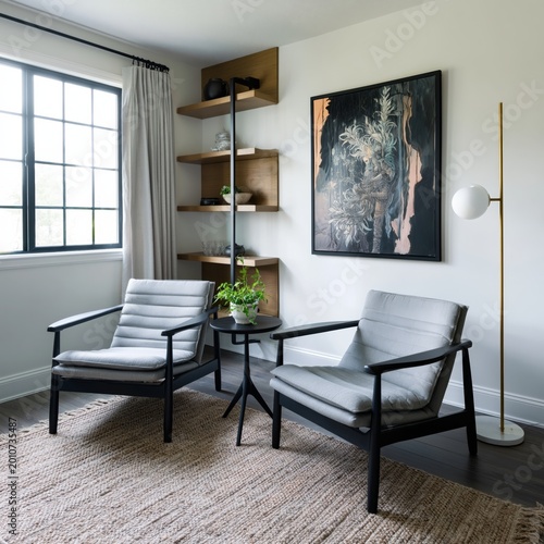 Bright Chairs and Table in Modern Room Setting With Colorful Accents and Simp...