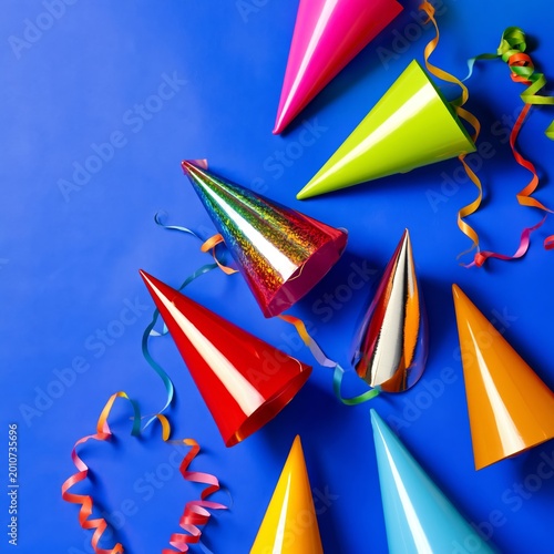 Colorful Party Hats and Streamers on a Blue Background Ready for Celebration