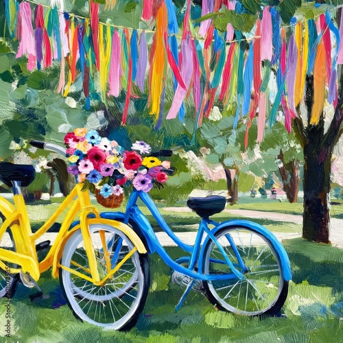 Colorful Bicycles With Flowers Parked Under Vibrant Ribbons in a Park During ...