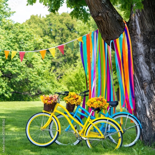 Colorful Bicycles With Flowers Parked Under Vibrant Ribbons in a Park During ...