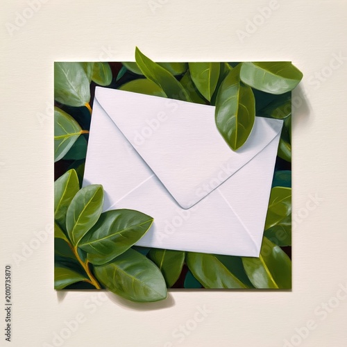 White Envelope Placed Among Green Leaves on a Plain Background in a Simple Ar...
