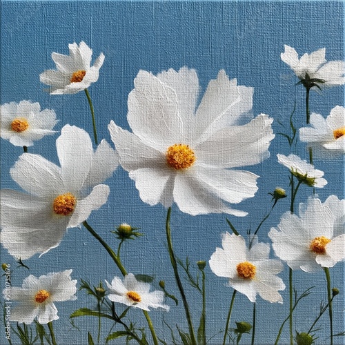 White Flowers Bloom Under Bright Blue Sky With Green Stems and Buds Reaching ...