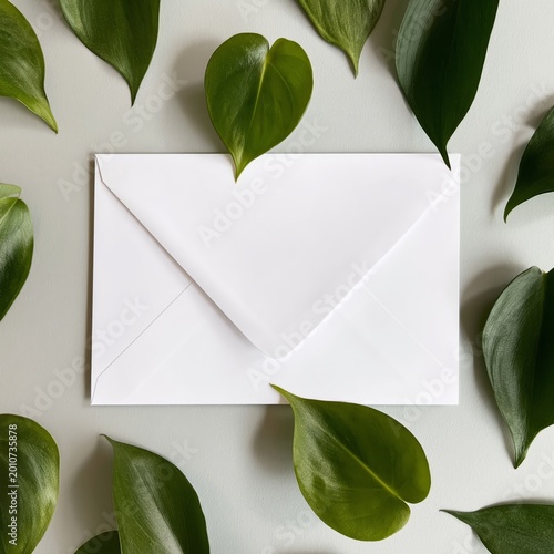 White Envelope Surrounded by Green Leaves on a Light Surface