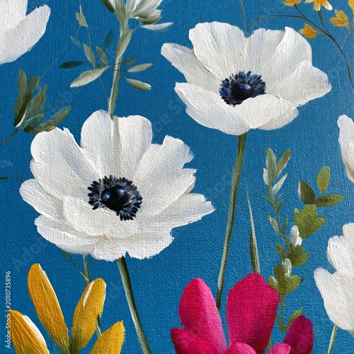 Flowers in Bright Colors on Blue Background in Artwork With Various Types of ...