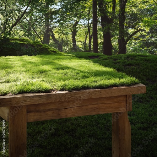 Grass Table in Green Forest With Sunlight Filtering Through Trees Creating a ...