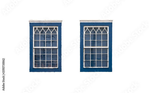 Принти на полотні Blue colonial windows with ornamental white frames, refined aesthetics and urban reflections, transparent background, represent the historical architectural elegance and cultural heritage of Brazil