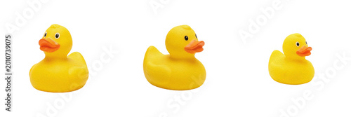 Set and collection of yellow rubber duckling toy isolated on white background