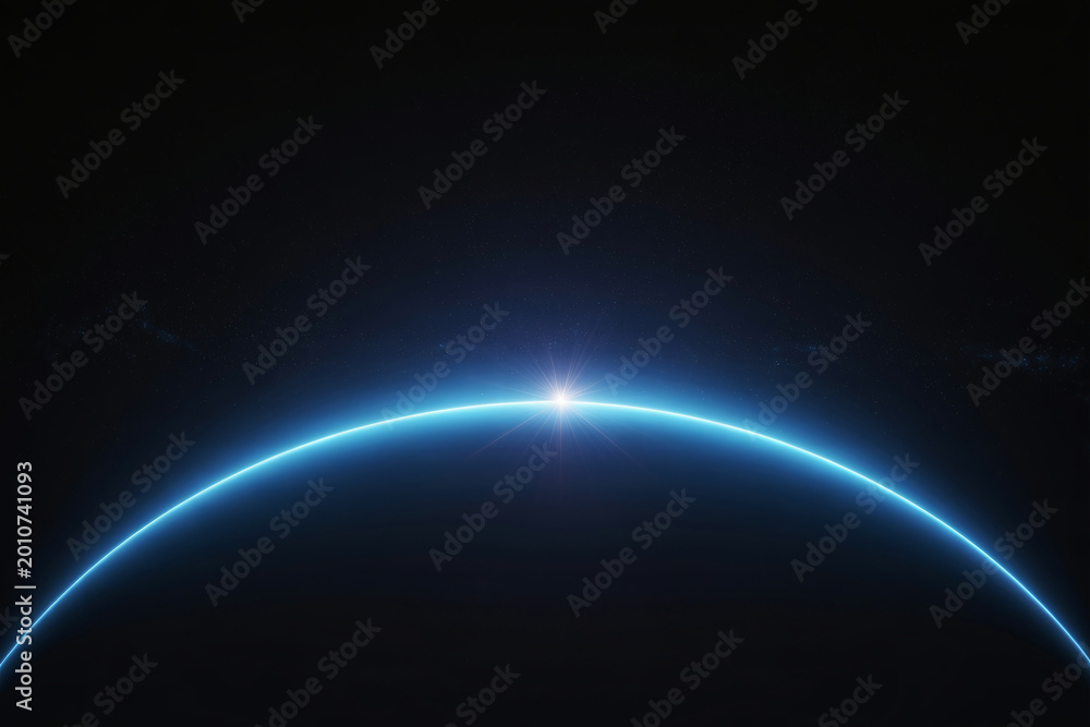 Fototapeta premium Glowing blue planet horizon with bright star in space, neon light curve