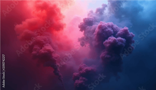 Foto A mesmerizing display of vibrant red and blue smoke billowing against a dark backdrop
