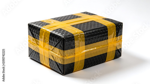 Black bubble wrap parcel box secured with yellow adhesive tape isolated on white background. Secure shipping and delivery concept.