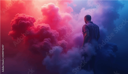 Fotografie A solitary figure stands embraced by vibrant clouds of color