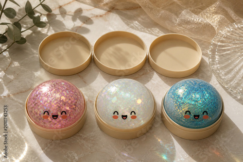 Three kawaii glitter dumpling toys with smiley faces in pink, white and blue holographic sparkle colors, open beige lids on marble surface