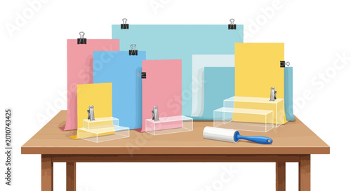 Multicolored craft paper display with clips and acrylic stands on wooden table