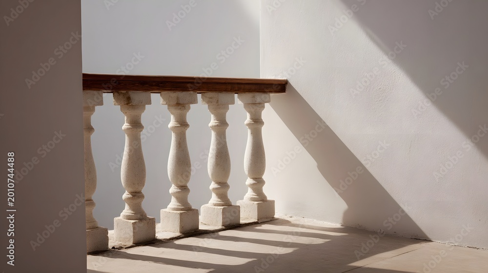 Naklejka premium Strong geometric shadows cast by a classical balustrade onto a clean white architectural wall